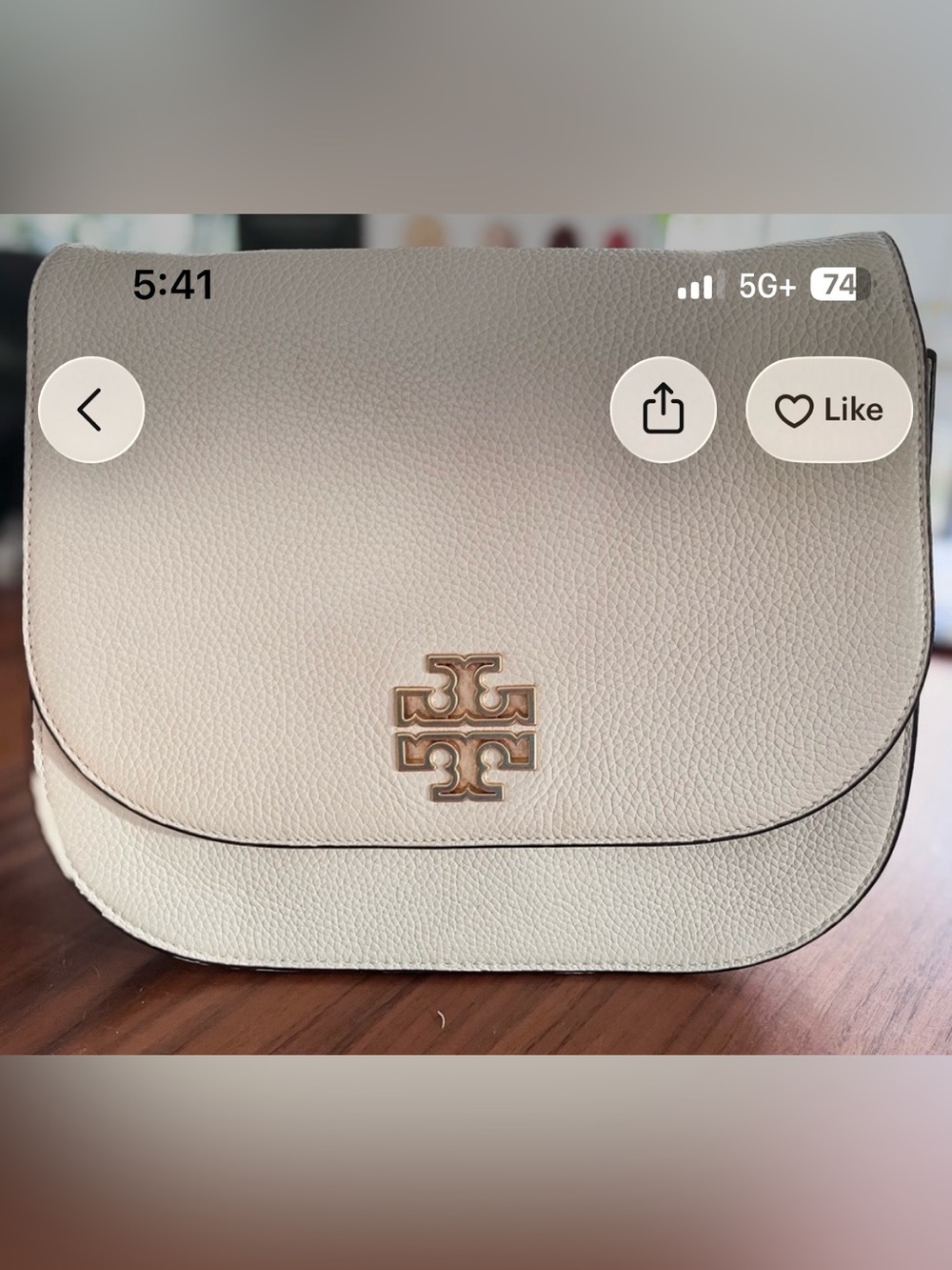 Tory Burch Cream Pebbled Leather Crossbody with Gold Logo